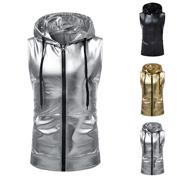 Herrar Glittrande Sekvens Zip Up Ärmlös Huvad Väst T-shirt Slim Fit Tee Shirt 70-tal Disco Toppar för Nattklubb Party Gold XL