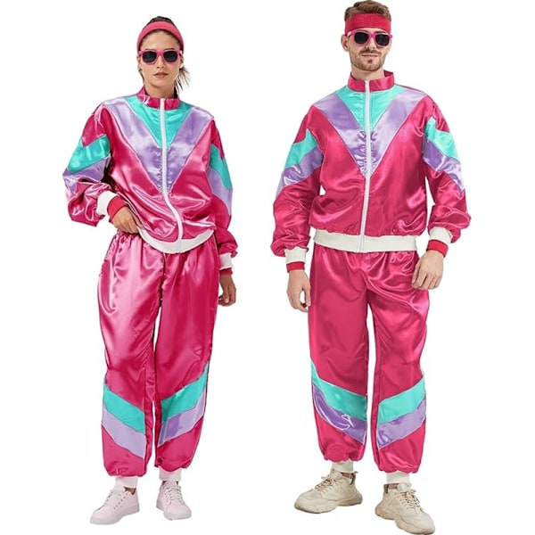 80-tals Träningsoverall för Män Kvinnor Retro Hip Hop Vindjacka 80-tals Kostym för Män Disco Träningsoverall Outfit Set 90-tals Dräkt Rose Red XL