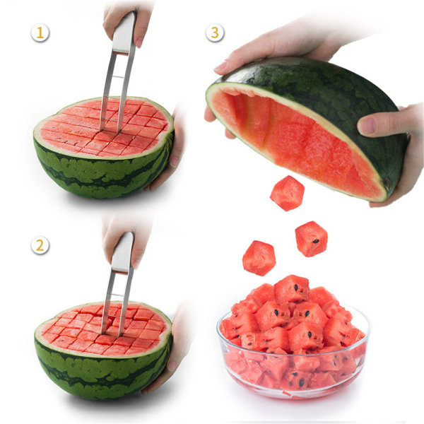 Vattenmelon Cutter Slicer Rostfritt stål Frukt Cube Cube Kit för köksprylar 2PCS