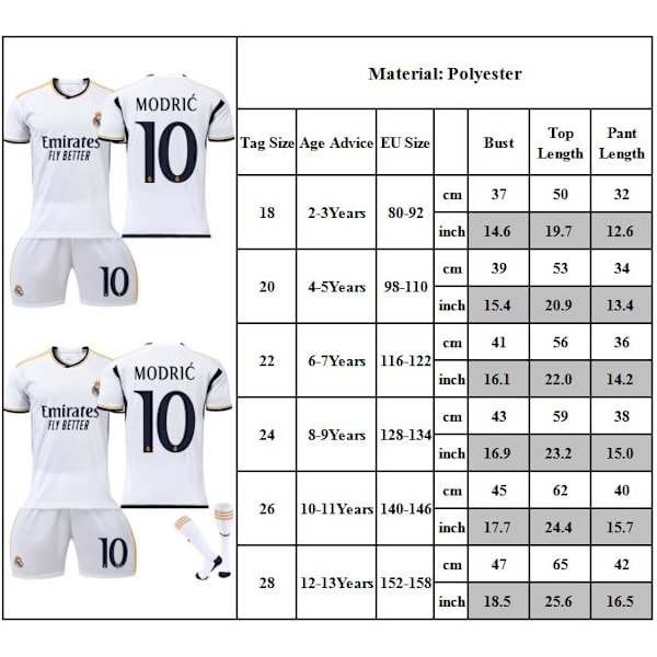 Fotbollströja Barn Pojkar Flickor #10 Modric Fotbollskit Träningsdräkt Sportkläder Outfit 22
