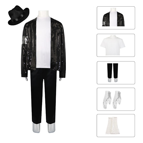 Herrar Michael Jackson Moonwalk Kostym Halloween Kläder Black + Hat M