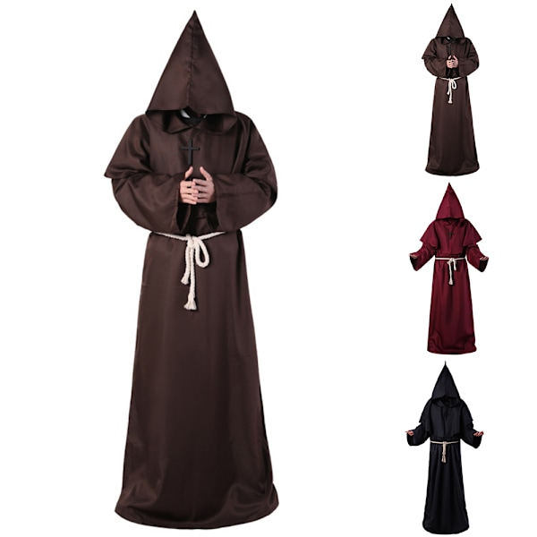 M-XL Halloween Mönk Cosplay Robe Kappa Kappa Munk Medeltida Präst Kostym för Vuxna Män Brown XL