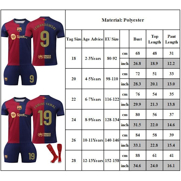 2024-2025 Barcelona Hemma No.19 Yamal Fotbollströjor Barn Fotbollströja, Barn Tröjor Med Strumpor Fotbollströja Set 24