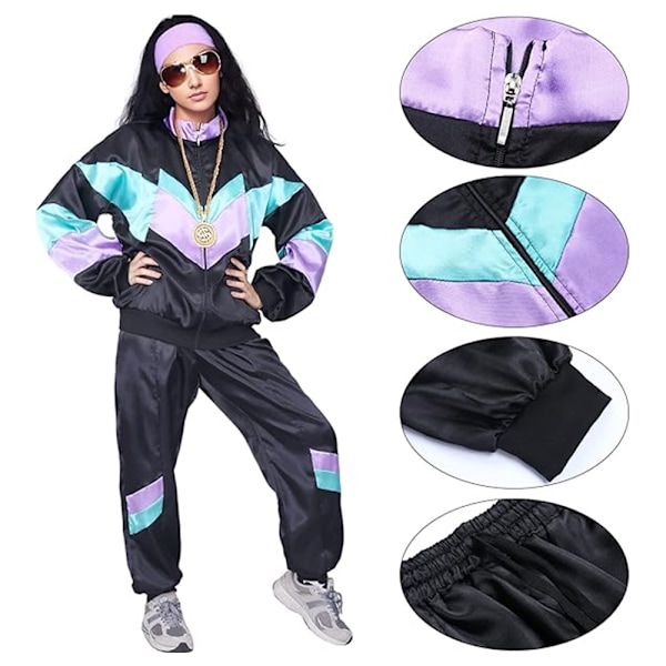 Kvinna Man Retro 70-tal 80-tal Hip Hop Rock Par Kostym Set Spårkostym Fest Klä Upp Black S
