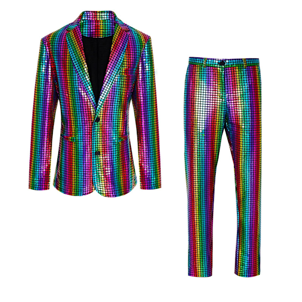 Herrar Glittrande Kostymer Disco Sekvens Blazer och Byxor 2-Delade Set för Fest Bal Slank Passform Enkelknäppt Smoking Blazer Set Multicolour M