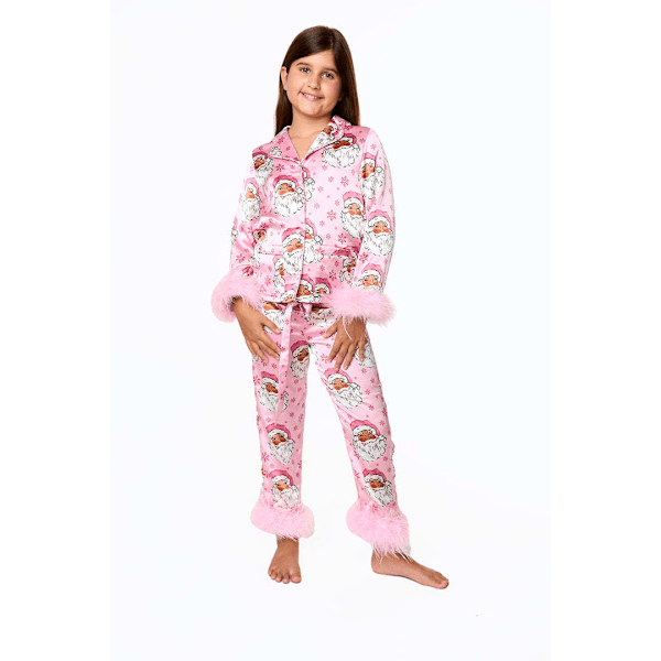 Barn Toddler Flickor Jul Silke Satin Pyjamas Set Fjäder Trim Knapp Ner Skjortor Byxor Set Små Flickor Nattkläder Pjs Loungewear Outfit Pink 8T