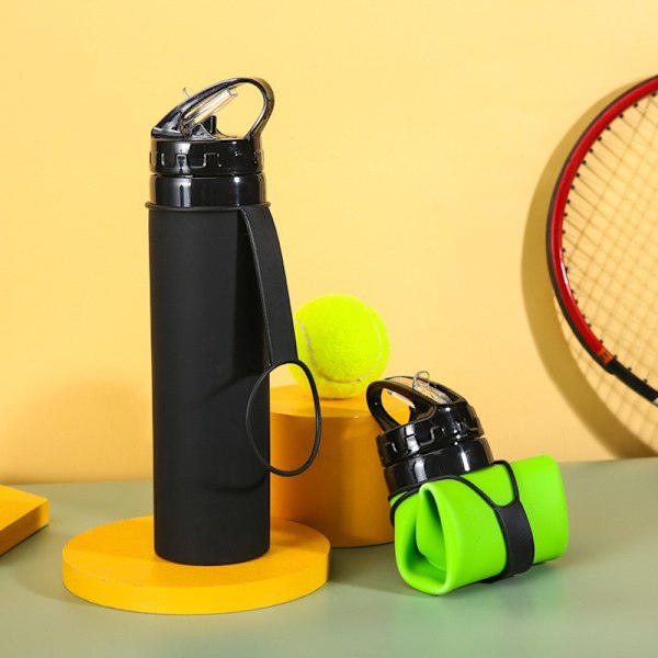 600ml Vattenflaska Sport Hopfällbar Silikon Vattenflaskor Läcksäker Drickkopp Black
