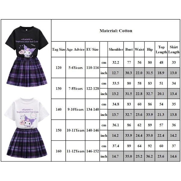 Barnflickor Kuromi Kortärmad T-shirt Tartan Plisserad Kjol Check Rutig Klänning White 160cm