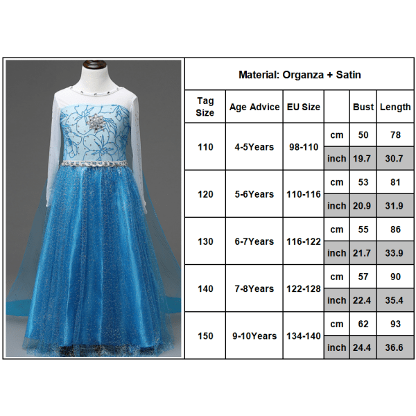 Flickor Prinsessklänning Frozen Kostym Cosplay Festklänning 140cm
