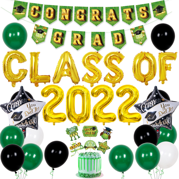 Examensfest Dekorationer 2022 Gratulationer Ballonger Grad Grön Guld 2022 Congrats-Grad
