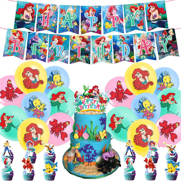 Lilla sjöjungfrun Ariel barnkalas ballonger banderoll tårta cupcake toppers dekor set