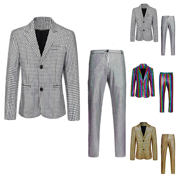 Herrar Glittrande Kostymer Disco Sekvens Blazer och Byxor 2-Delade Set för Fest Bal Slank Passform Enkelknäppt Smoking Blazer Set Silver M