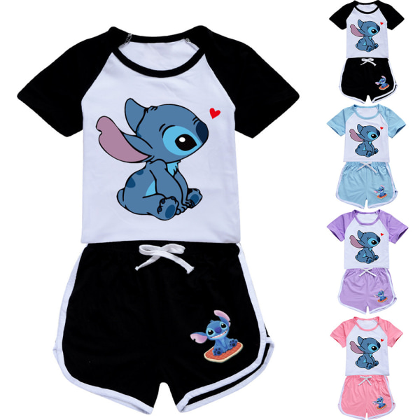 Stitch T-shirt Shorts Träningsoverall Set Barn Flickor Casual Outfits Pyjamas Nattkläder Pink 13-14 Years