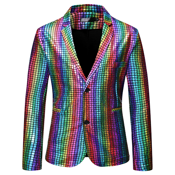 Sequin Blazer för Män med Spetsig Krage, Färgblock, Glansig Sparkle Sportjacka Multicolour L