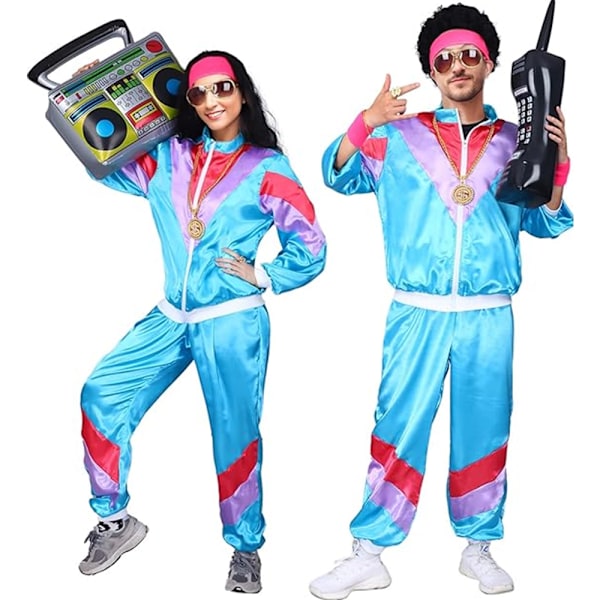 Kvinna Man Retro 70-tal 80-tal Hip Hop Rock Par Kostym Set Spårkostym Fest Klä Upp Blue M