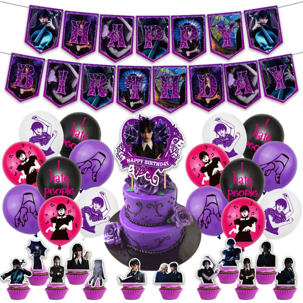 Kids Wednesday Addams Tema Födelsedag Ballonger Banner Cupcake Toppers Fest Dekor