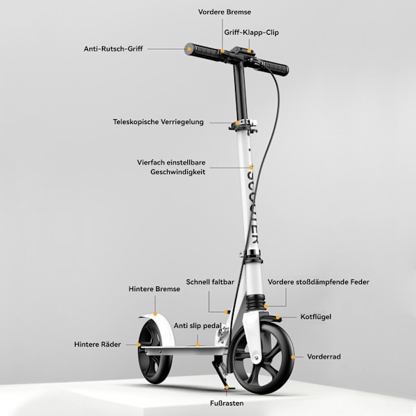 Hopfällbar sparkcykel för vuxna, justerbar höjd, med handbroms PU-hjul barnpresenter, vit