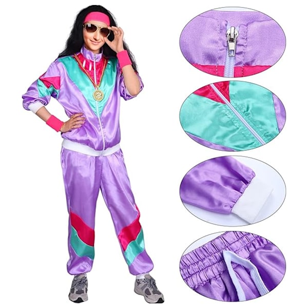 Kvinna Man Retro 70-tal 80-tal Hip Hop Rock Par Kostym Set Spårkostym Fest Klä Upp Purple M