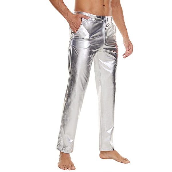 Herrar Blanka Paljettbyxor Raka Ben Nattklubb Fest Dans 70-tals Byxor Silver 3XL