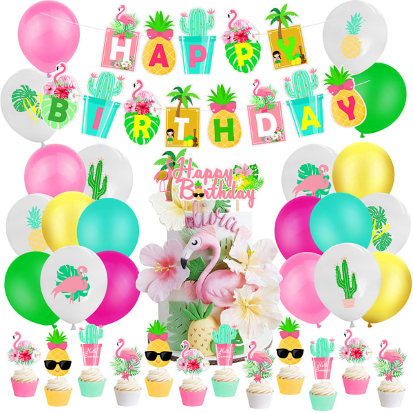 Hawaiian Tropical Flamingo Party Supplies Ballonger Banderoller Cupcake Toppers Dekor Set