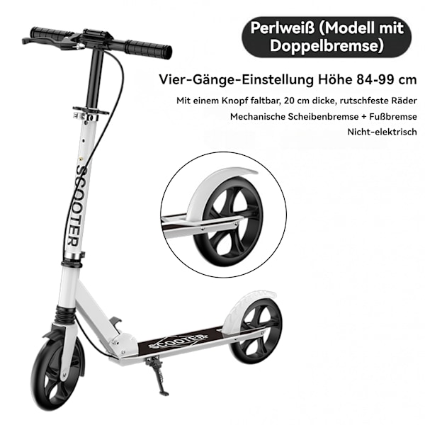 Hopfällbar sparkcykel för vuxna, justerbar höjd, med handbroms PU-hjul barnpresenter, vit
