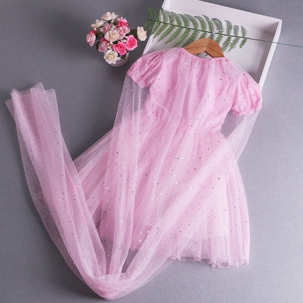 Mesh Tutu Tulle Skjorta Klänning med Klocka Festkläder Barn Flickor 2# Rosa Frozen Elsa Anna 6-7 år = EU 116-122