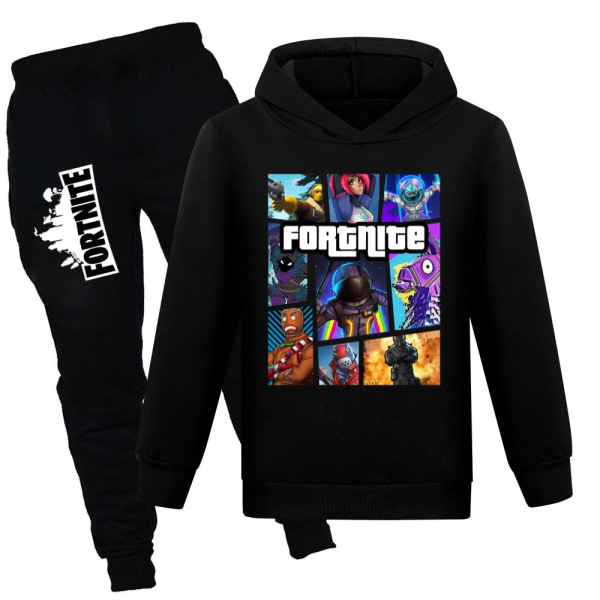 Tonåringar Hoodie och Joggingbyxor Set Barn Pojkar Flickor Casual Tryckt Träningsoverall Set Ny Black 150cm