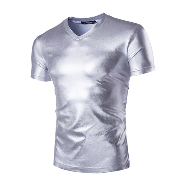 Herrar Blanka Henley T-shirts Kortärmad Slim Fit Tee Shirt 70-tal Disco Toppar för Nattklubbspartay Silver M