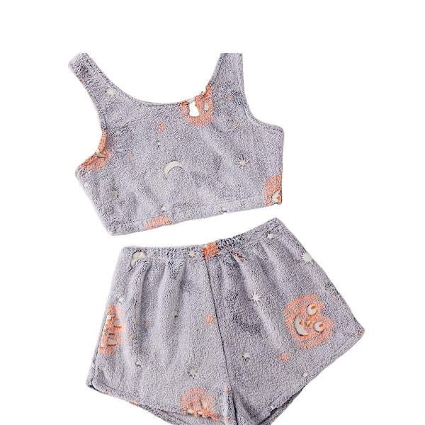 Dam Fuzzy Söt Halloween-Tryckt Flanellväst och Shorts Pyjamas Set Glöd i Mörkret Light Grey XL