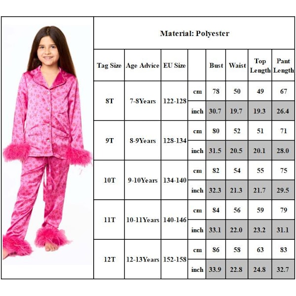 Barn Toddler Flickor Jul Silke Satin Pyjamas Set Fjäder Trim Knapp Ner Skjortor Byxor Set Små Flickor Nattkläder Pjs Loungewear Outfit Pink 11T