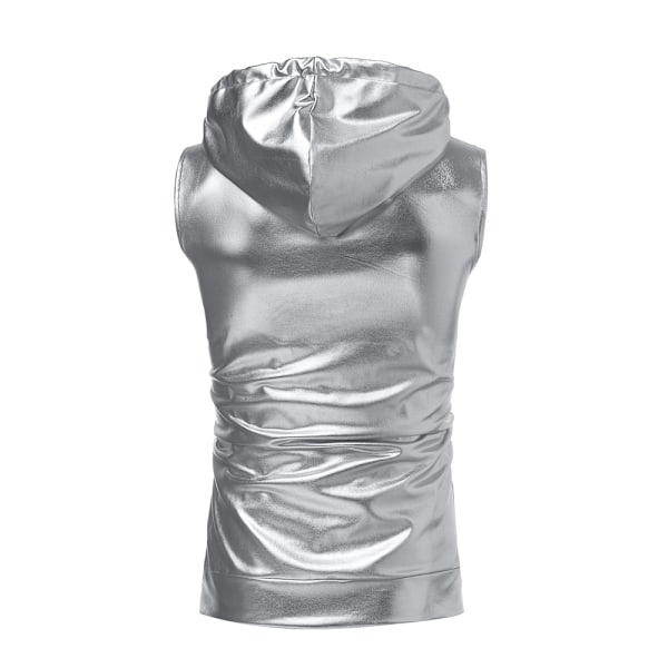 Herrar Glittrande Sekvens Zip Up Ärmlös Huvad Väst T-shirt Slim Fit Tee Shirt 70-tal Disco Toppar för Nattklubb Party Silver L