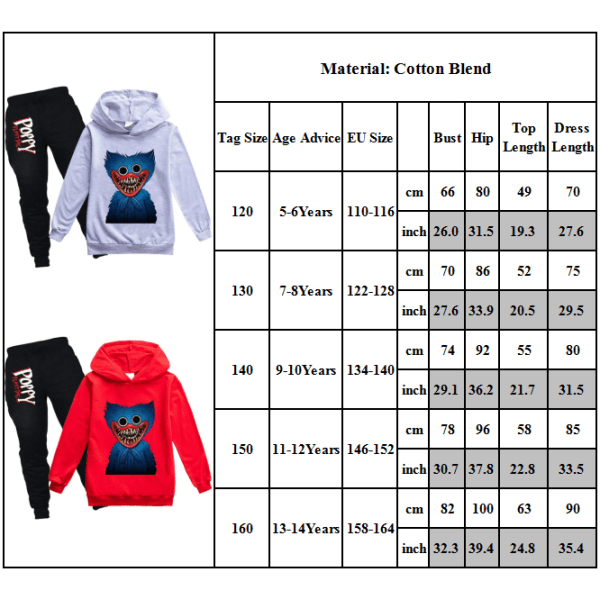 Barn Overall Poppy Playtime Huggy Wuggys Hoodie + Joggingbyxor Red 160cm