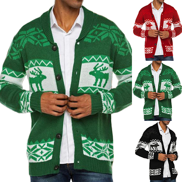 Herrarnas Jultröjor Fula Jultröjor Renar Snöflinga Sjal Krage Stickad Cardigan Varm Tröja Green 2XL