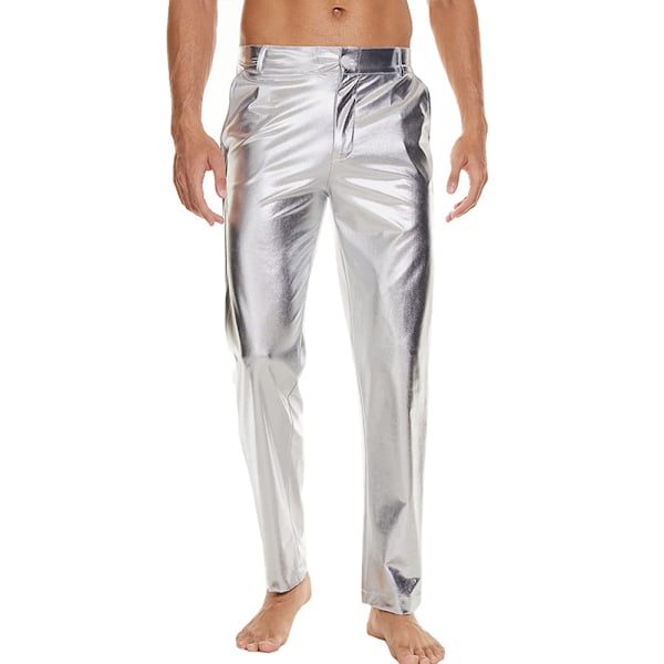 Herrar Blanka Paljettbyxor Raka Ben Nattklubb Fest Dans 70-tals Byxor Silver M