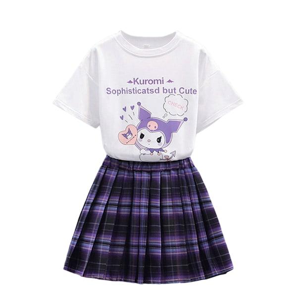 Flickor Kortärmad T-shirt Tartan Plisserad Kjol Rutig Klänning White 150cm