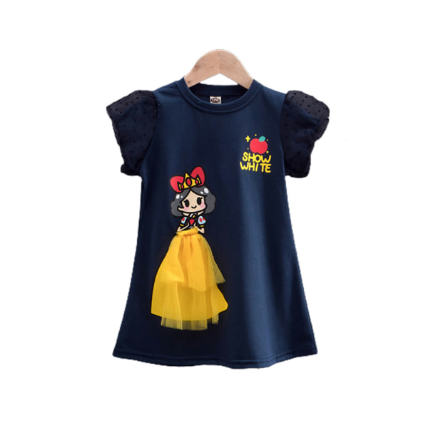 Sommar Mesh Puff Sleeve T-shirt Klänning Princess Printed Kids Girl Blå 5-6 år = EU 110-116