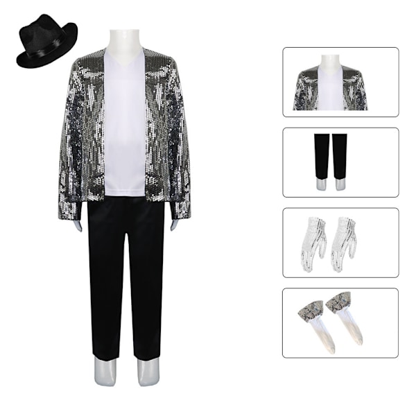 Herrar Michael Jackson Moonwalk Kostym Halloween Kläder Silver + Hat M