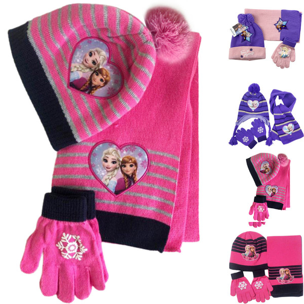 3 st/set flicka Frozen Elsa Anna vintermössa halsduk handskar set D