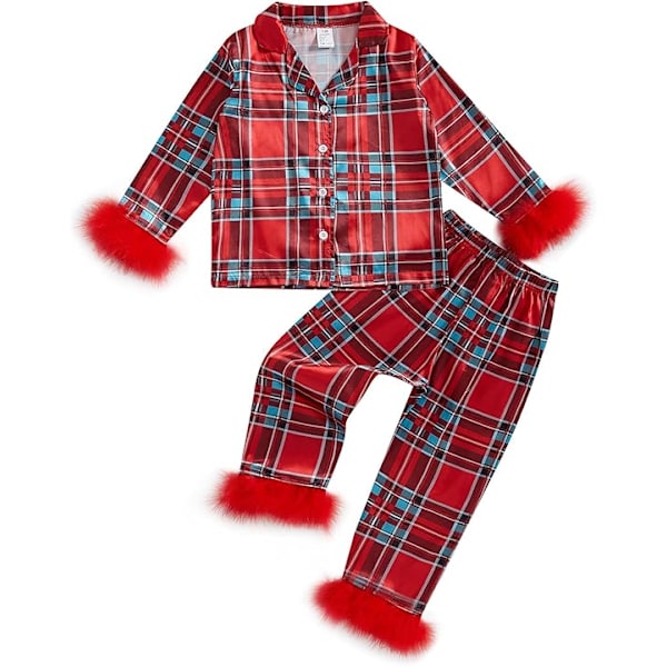 Barn Toddler Flickor Jul Silke Satin Pyjamas Set Fjäder Trim Knapp Ner Skjortor Byxor Set Små Flickor Nattkläder Pjs Loungewear Outfit Red 12T