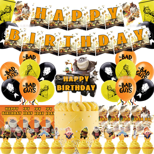 Födelsedagsdekoration Ballonger Tårtlock Grattis på födelsedagen-Banner Set Svart Gul Orange The Bad Guys