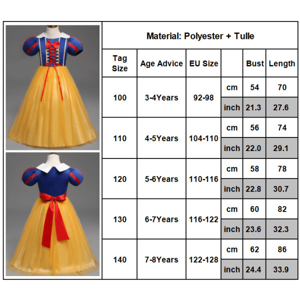 Flickor Puff Sleeve Snövit Klänning Kostym Prinsess Klänning 120cm