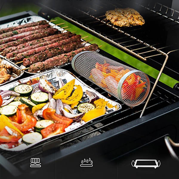 Rostfritt stål BBQ Grill Korg Rolling Mesh Utomhus Camping Grillställ 2PCS