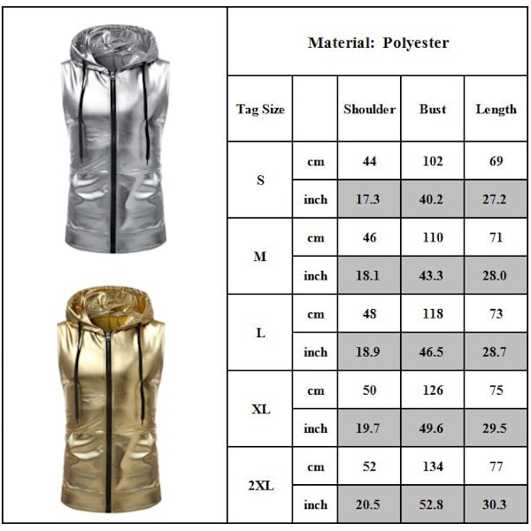 Herrar Glittrande Sekvens Zip Up Ärmlös Huvad Väst T-shirt Slim Fit Tee Shirt 70-tal Disco Toppar för Nattklubb Party Gold M