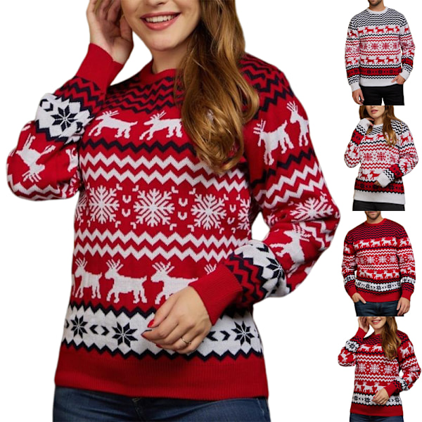 Jultröja Rundhals Rensa Snöflingor Fula Stickad Tröja Pullover för Män Kvinnor Women-Red S