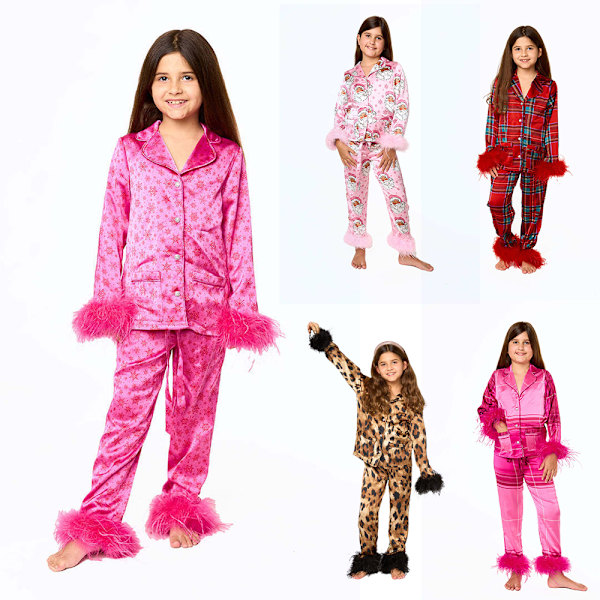 Barn Toddler Flickor Jul Silke Satin Pyjamas Set Fjäder Trim Knapp Ner Skjortor Byxor Set Små Flickor Nattkläder Pjs Loungewear Outfit Red 11T