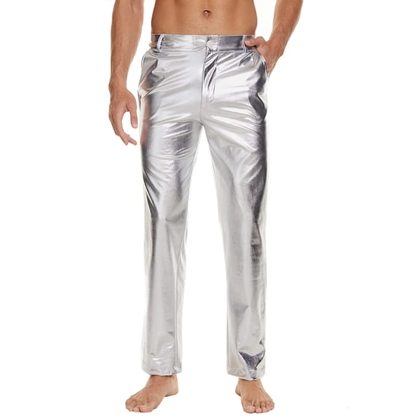Herrar Blanka Paljettbyxor Raka Ben Nattklubb Fest Dans 70-tals Byxor Silver M