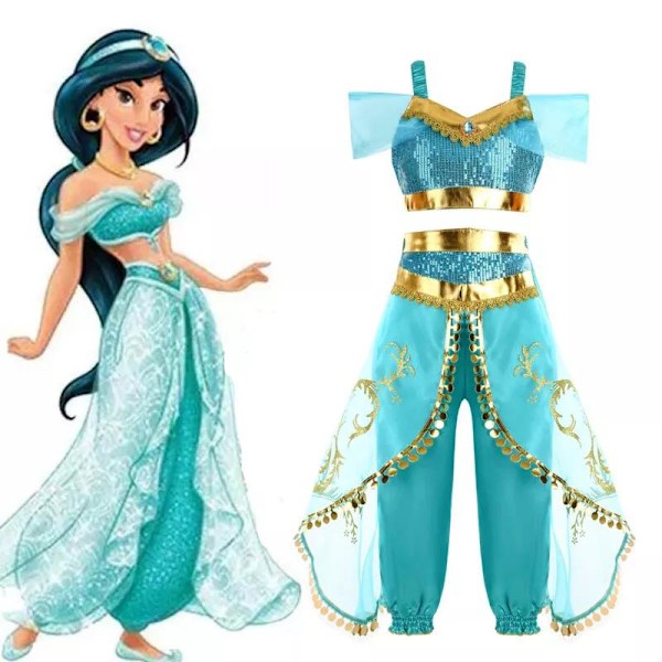 Jasmine-kostym för flickor, Sekvenserad Prinsessan Jasmine Klänning, Barnkalas Klänningar Blå 140cm