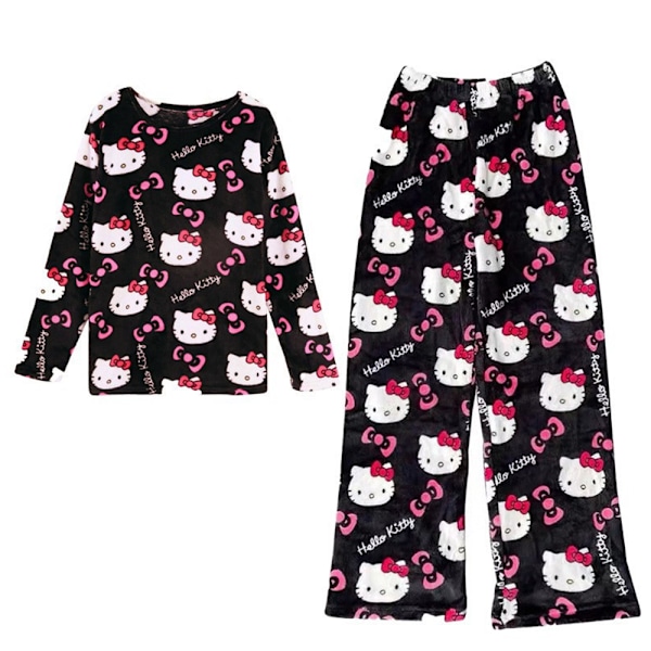 Hello Kitty Långärmad Skjorta Byxor Pyjamas Set Kawaii Pyjamas Dam Sömnkläder Black Pink M