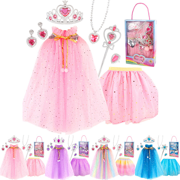 Prinsessakapset för flickor Prinsessklädsel Tillbehör Kappa med Kjol Krona Trollstav Julpresenter B