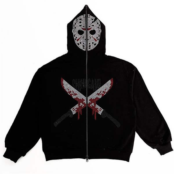 Unisex Herr Dam Överdimensionerad Streetwear Strass Grafisk Y2k Full Zip Up Hoodie Glittrande Huvtröja Jacka Black L